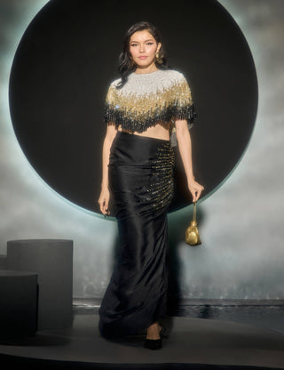 Blaze black embroidered cape and drape skirt set