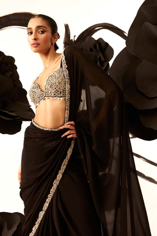 Bhumika Sharma-Black 6 Yard Embroidered Sari And Blouse-INDIASPOPUP.COM