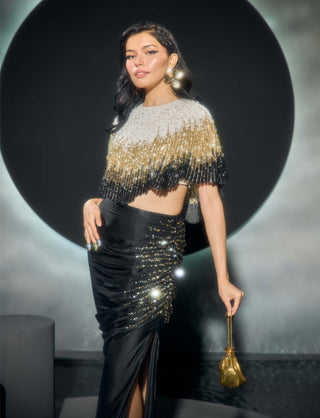 Blaze black embroidered cape and drape skirt set