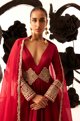 Bhumika Sharma-Retro Red Belted Anarkali Set-INDIASPOPUP.COM