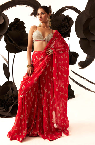 Bhumika Sharma-Red Floret Palazzo Sari And Bustier-INDIASPOPUP.COM