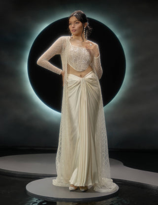 Amorette ivory draped skirt and jacket set