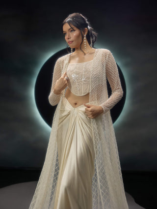 Amorette ivory draped skirt and jacket set