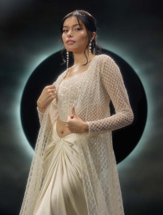 Amorette ivory draped skirt and jacket set