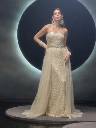 Radiara ivory gown with trail skirt