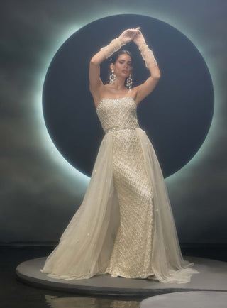 Radiara ivory gown with trail skirt