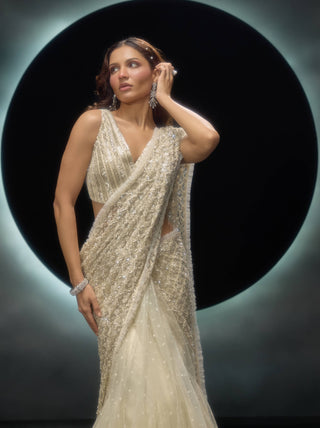 Alvara ivory lehenga sari and blouse