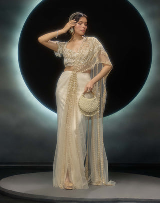 Oreline golden drape sari and blouse