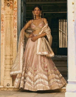 Rose gold silk zari tissue lehenga set
