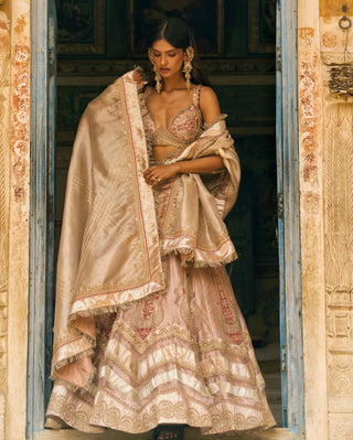 Rose gold silk zari tissue lehenga set