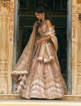 Rose gold silk zari tissue lehenga set