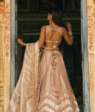 Rose gold silk zari tissue lehenga set