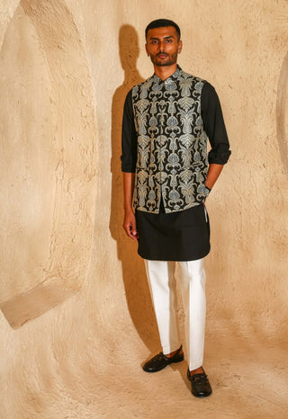 Black embroidered kurta with nehru jacket set
