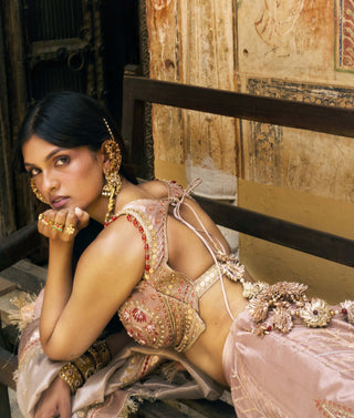 Rose gold silk zari tissue lehenga set