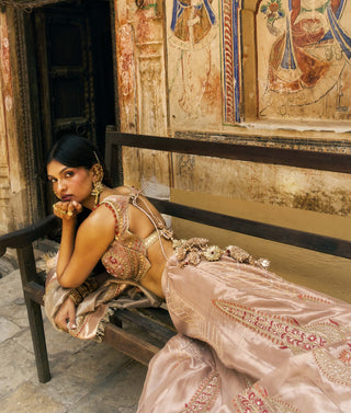 Rose gold silk zari tissue lehenga set