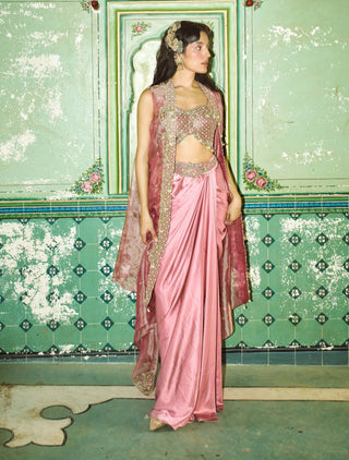 Blush pink drape satin skirt and cape set