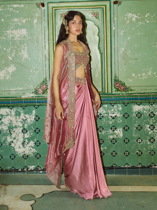 Blush pink drape satin skirt and cape set