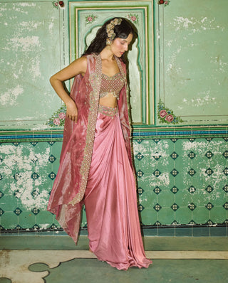 Blush pink drape satin skirt and cape set