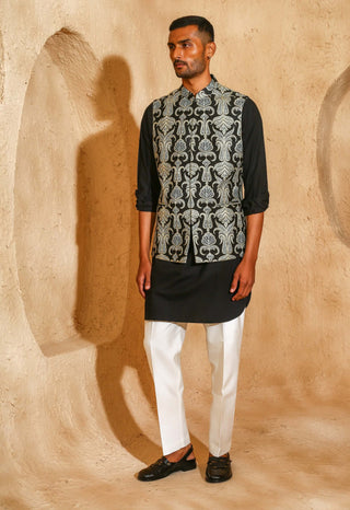 Black embroidered kurta with nehru jacket set