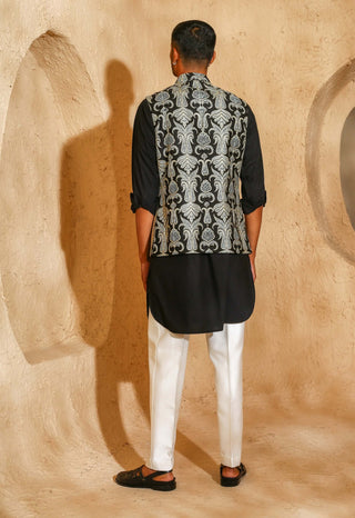 Black embroidered kurta with nehru jacket set