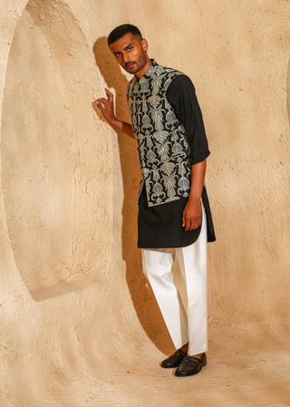 Black embroidered kurta with nehru jacket set