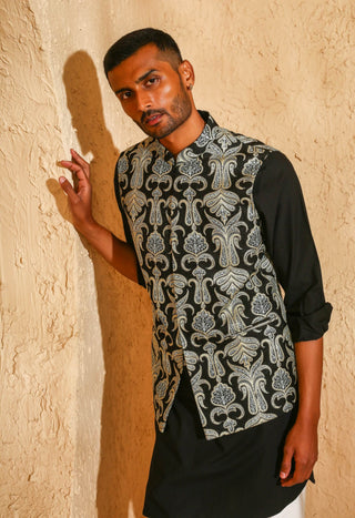Black embroidered kurta with nehru jacket set