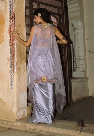 Lilac drape satin skirt and cape set