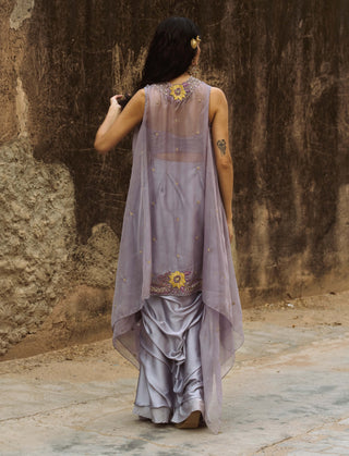 Lilac drape satin skirt and cape set