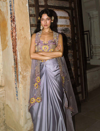 Lilac drape satin skirt and cape set