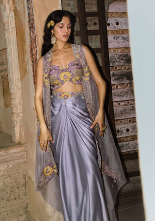 Lilac drape satin skirt and cape set