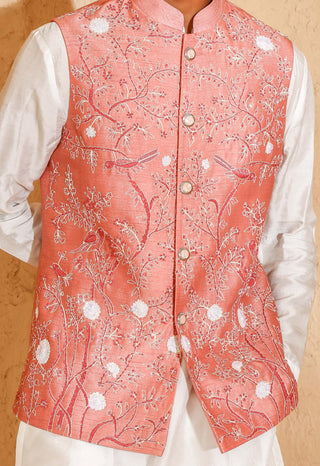 Pink kurta with bird moti work nehru jacket set