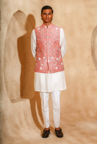 Pink kurta with bird moti work nehru jacket set