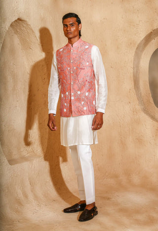Pink kurta with bird moti work nehru jacket set