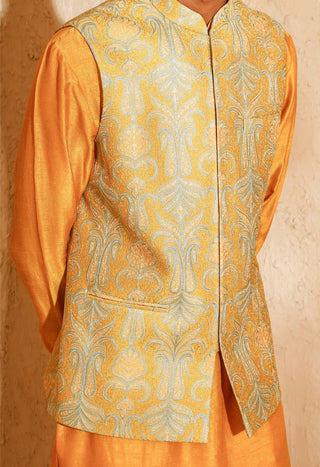 Mustard embroidered kurta with nehru jacket set