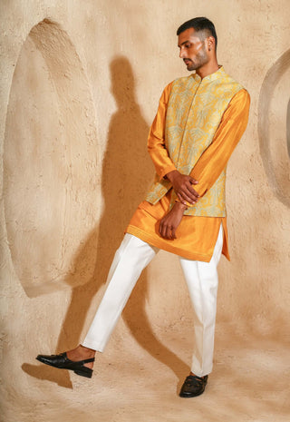 Mustard embroidered kurta with nehru jacket set