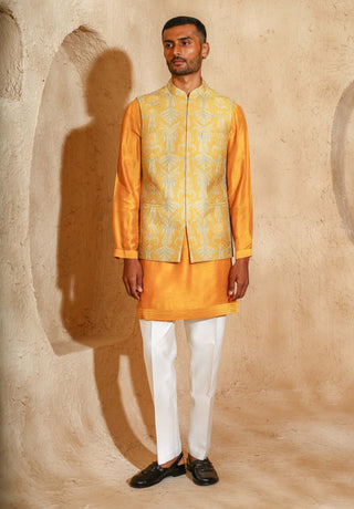 Mustard embroidered kurta with nehru jacket set