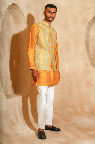 Mustard embroidered kurta with nehru jacket set