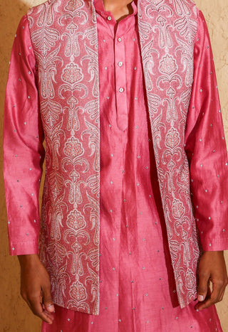Pink open embroidered kurta with nehru jacket set