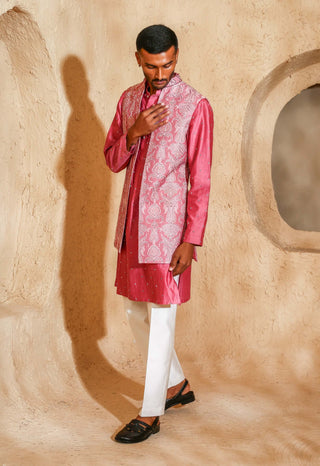 Pink open embroidered kurta with nehru jacket set