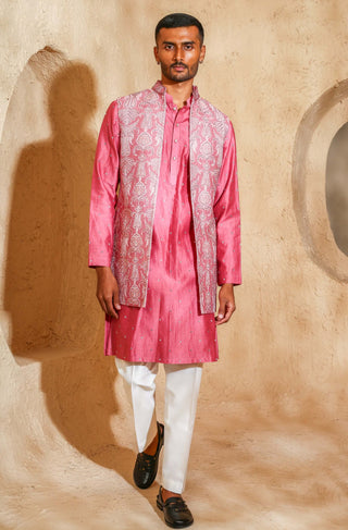 Pink open embroidered kurta with nehru jacket set