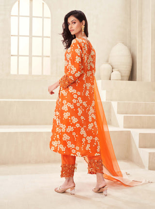Orange printed and embroidered kurta set