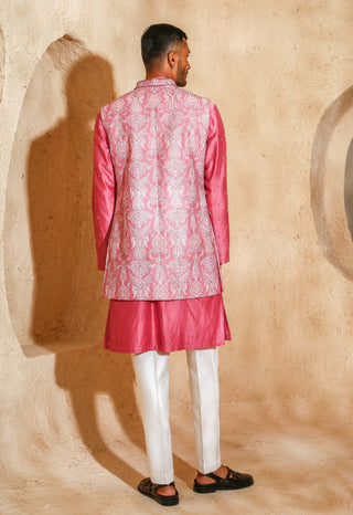 Pink open embroidered kurta with nehru jacket set