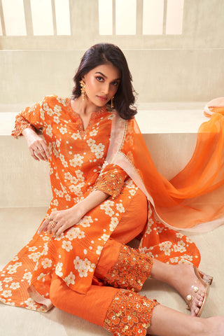 Orange printed and embroidered kurta set