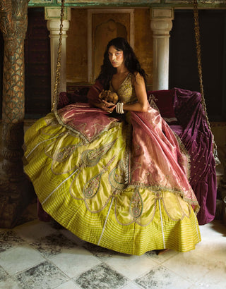 Lemon green silk zari tissue lehenga set
