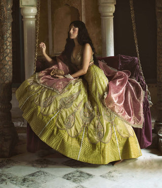 Lemon green silk zari tissue lehenga set
