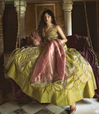 Lemon green silk zari tissue lehenga set