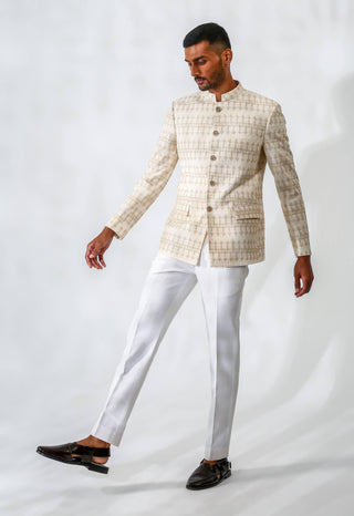 Beige embroidered bandhgala with pants