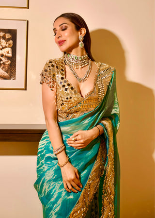 Turquoise tissue neelima sari and blouse