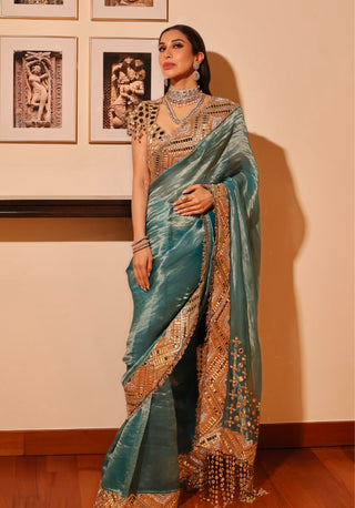 Turquoise tissue neelima sari and blouse