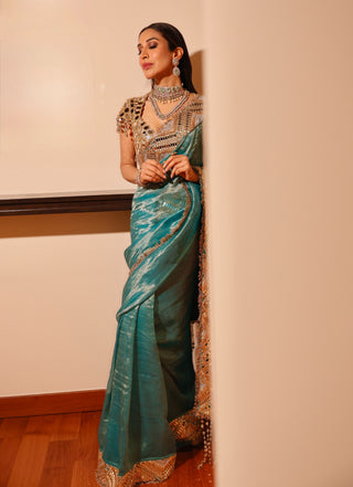 Turquoise tissue neelima sari and blouse
